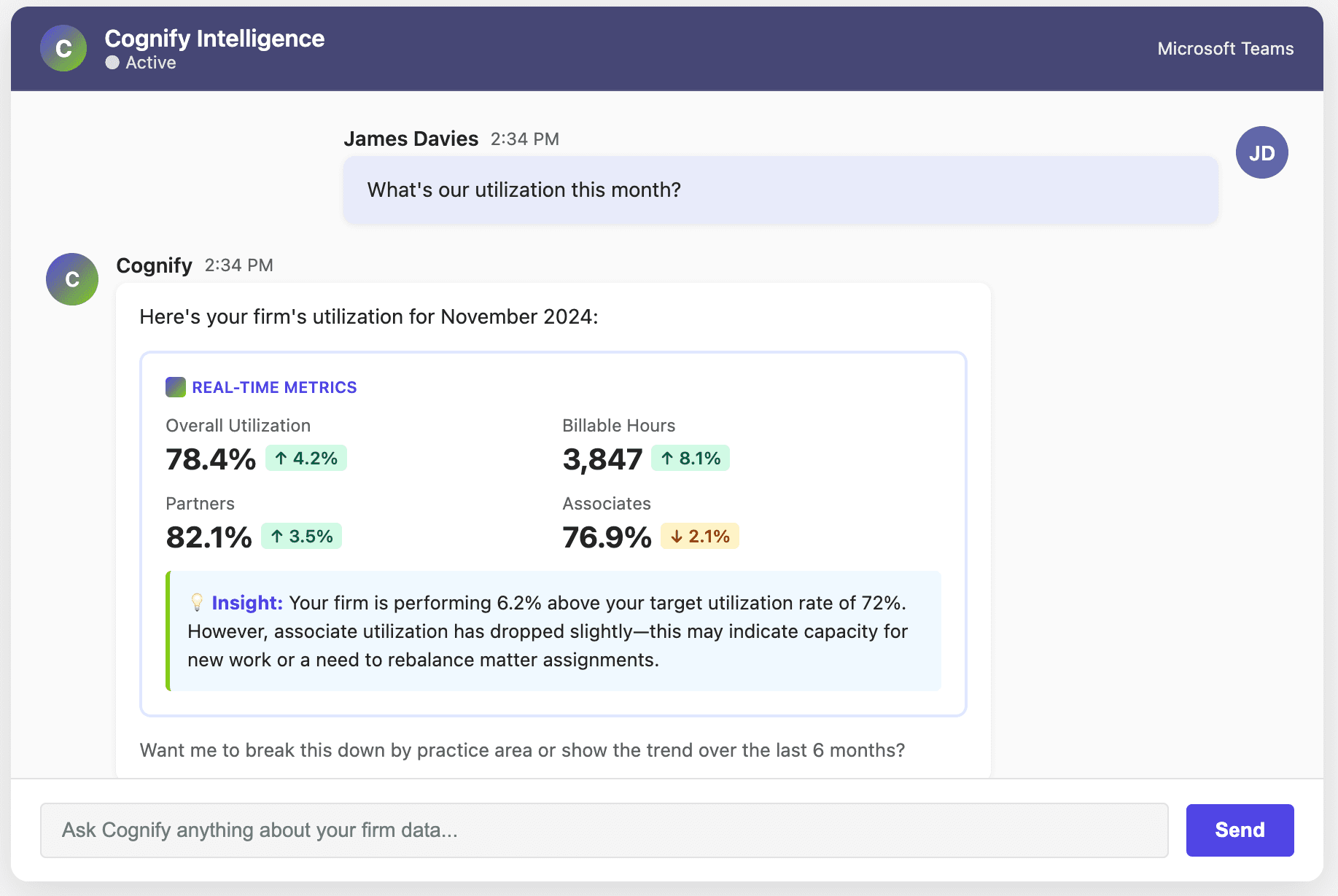 Microsoft Teams chat showing natural language query and Cognify's response